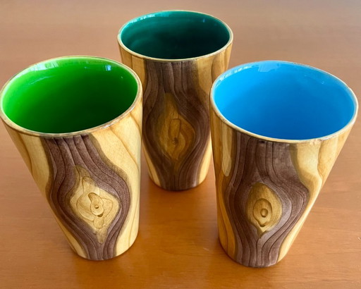 Grandjean Jourdan Vallauris faux-bois porcelain cups