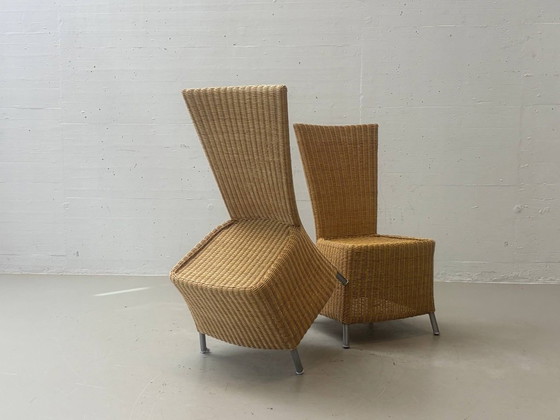 4 rattan wicker chairs with high backrests and metal legs, 1990s – Dining chairs (photo 6 of 8)