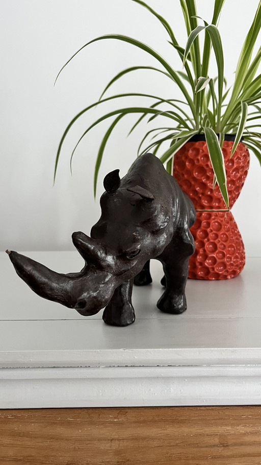 Set of two vintage leather animal statues - Hippo & Rhino - in the style of Omersa