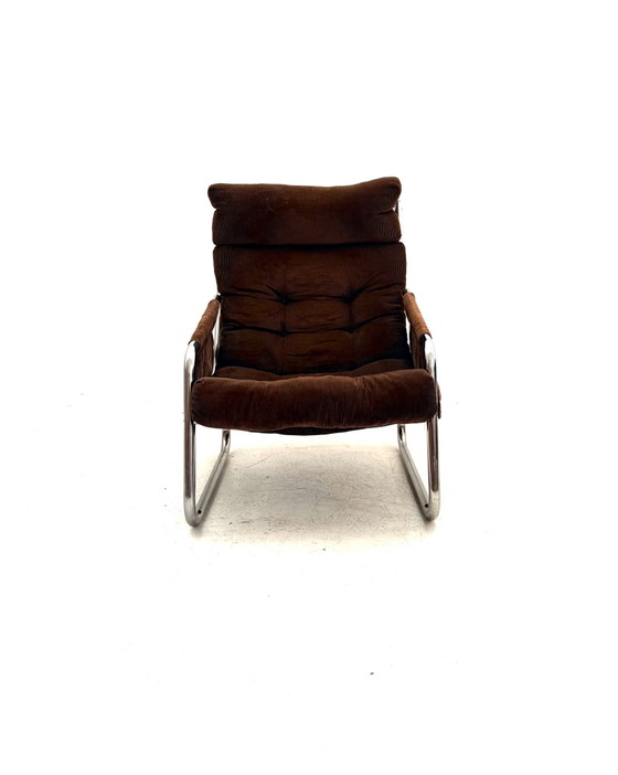 Vintage buisframe fauteuil, Gillie Lundgren, Ikea ‘70, Chroom, Textiel, Bruin (foto 2 van 10)