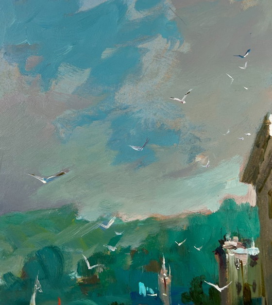 Image 1 of Peinture à l'huile originale représentant un paysage urbain, fluvial et une jetée aux couleurs du soir
