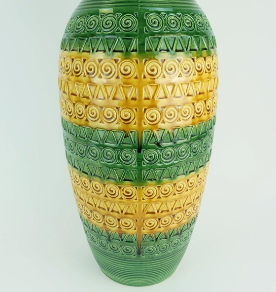 Image 1 of west german 1960s mid century VASE floorvase ü-keramik green ochre relief pattern model 1142-50