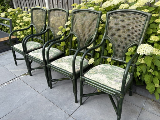 4 chaises vintage en faux bambou avec sangles vertes