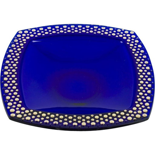 Bol vintage en verre bleu cobalt avec décoration en relief en or, 1960