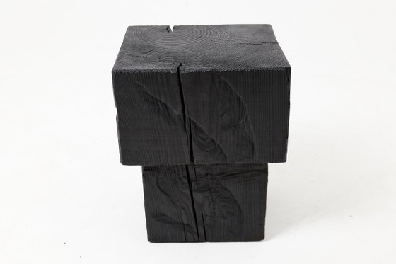 Rustic Sculptural Side Table / Stool, Burnt Black Oak Wood, Carved, Unique, Logniture (photo 4 of 9)