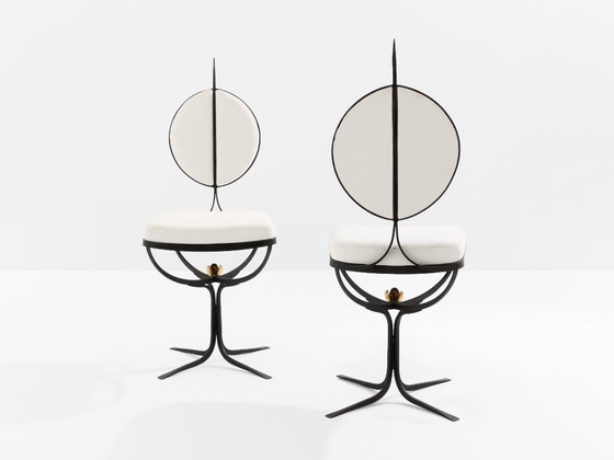 Image 1 of French brutalist wrought iron alcantara set of 6 chairs 1990