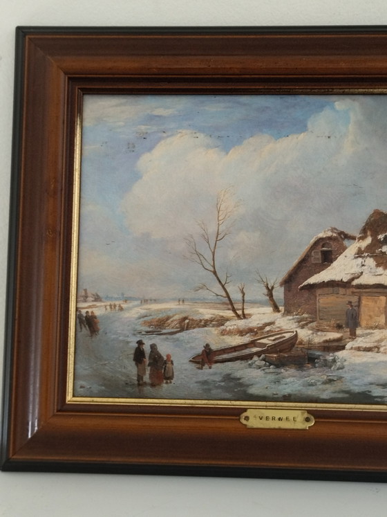 Charmante vintage reproductie van het schilderij "Hollandse winterscène" naar een werk van A.G. Jacobsen. (photo 3 of 15)