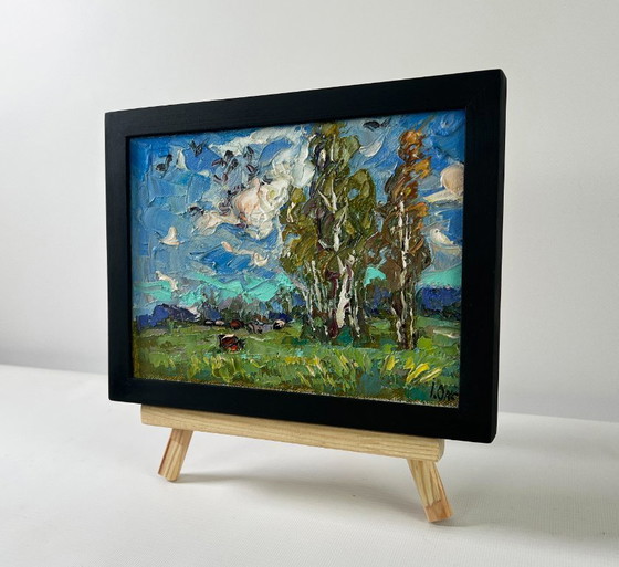 Image 1 of Peinture à l'huile originale, paysage naturel, champ, vent froid d'été