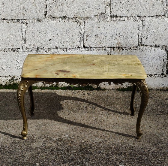French Vintage Coffee Table with Onyx Top and Ornate Metal Legs, Stone, Green (photo 3 of 14)