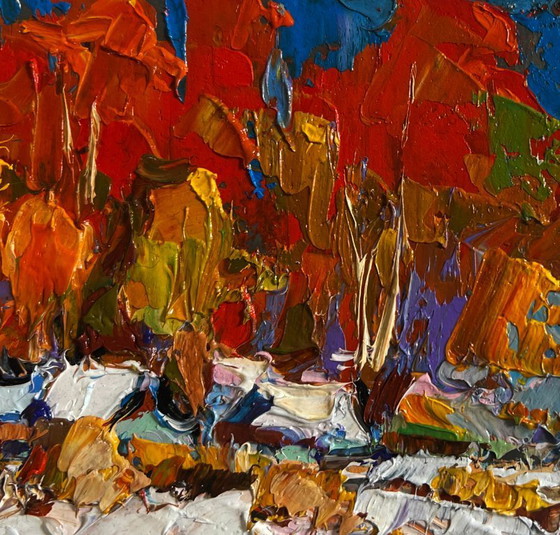 Image 1 of Original Oil Painting Snow Village Landscape Sunny winter day