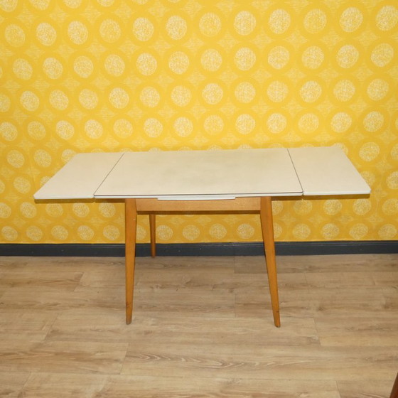 Image 1 of 50s 60s keukentafel houten tafel Resopal 60x94/152 uitschuifbare eettafel retro vintage keuken mid century werktafel