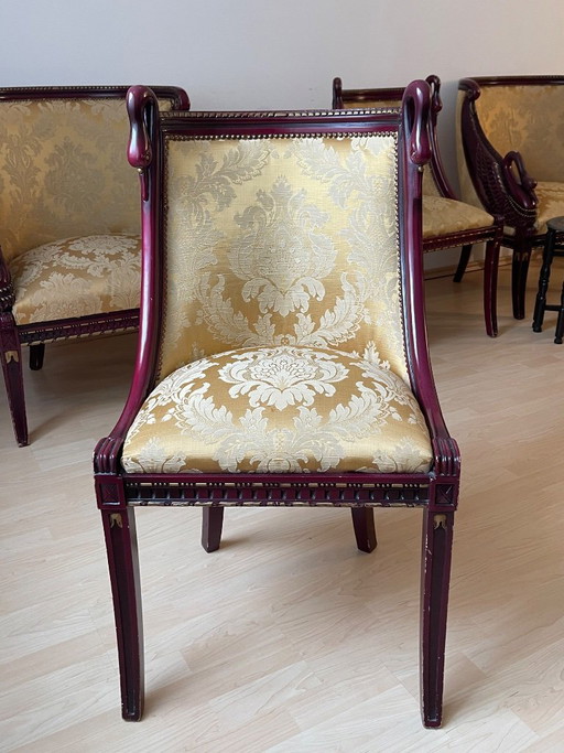 Set di 12 Sedie da Pranzo Stile Impero – Intagli a Collo di Cigno – eetkamerstoelen, Textile, Wood