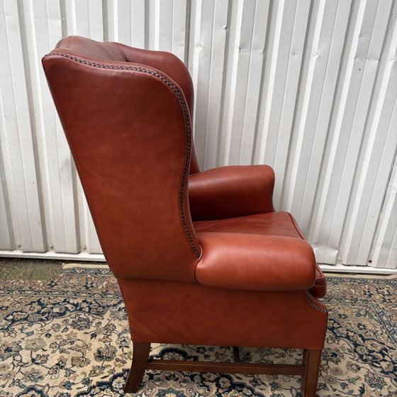 Queen Anne Style Classic English Wing Armchair – Leather, Wood (photo 3 of 5)