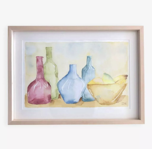 Aquarelle aux bouteilles et aux fruits Allemagne, années 90