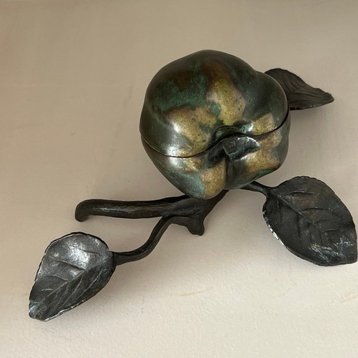 Vintage bronze box apple with branch and leaf, ca 1950