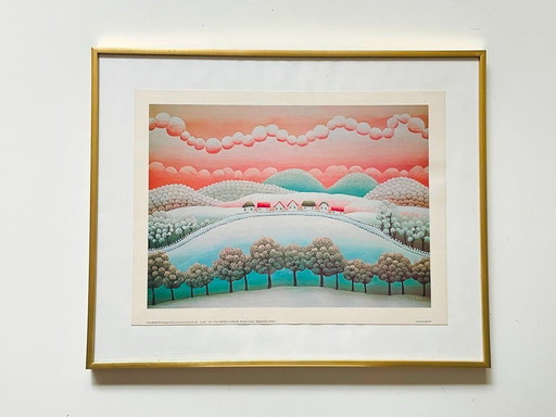 Naive landscape art print by I. RABUZIN ~ Vintage 70s