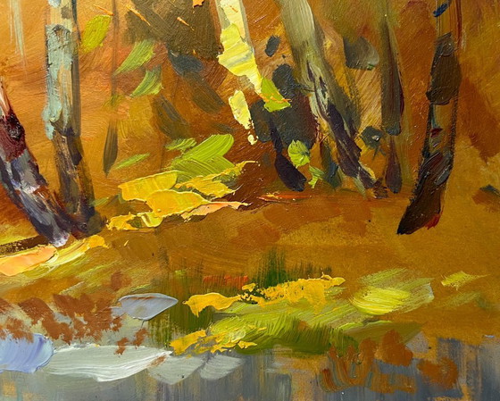 Image 1 of Origineel olieverfschilderij: Herfstboslandschap, herfstberkenbos