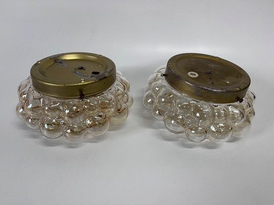 Image 1 of Set of 2 Mid - Century Helena Tynell ceiling light bubble amber glass