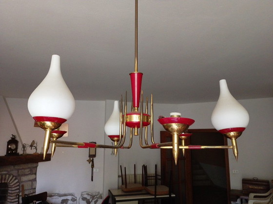 Image 1 of Vintage hanglamp van rood metaal en glas uit de jaren 50