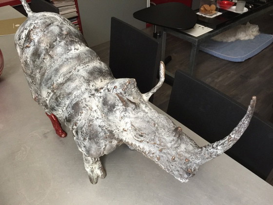 Image 1 of Bronze Rhinoceros statue with matching watercolor painting in cast iron frame