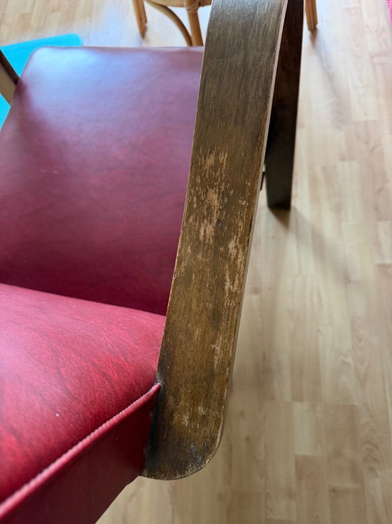 Red armchair with wooden armrests, Textile, Vintage (photo 5 of 5)