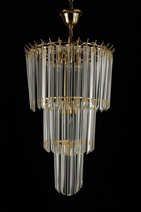 Image 1 of Lampadario a 3 file con tubi di cristallo Giesse Senago in stile Venini, Italia