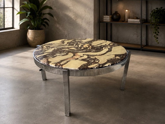 Image 1 of Round Italian coffee table from the 1970s – Breccia marble & chrome