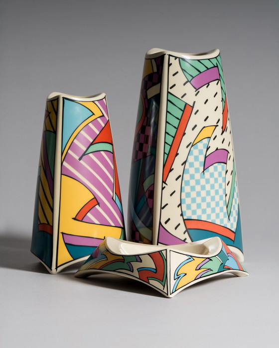 Image 1 of Dorothy Hafner for Rosenthal, “Flash” Vase Duo with Matching Ashtray, Germany, 1980s