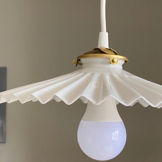 Image 1 of Antique pendant light with pleated white opaline glass shade