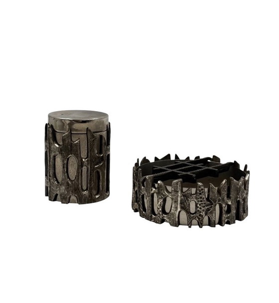 Image 1 of Brutalist top smoking set, ashtray and cigars box, Morbelli Italy 1970