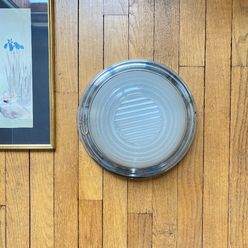 Lámpara de techo de pared en cristal grueso con soporte de metal cromado, tipo Holophane