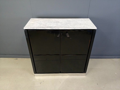 Mueble bar vintage lacado en negro y mármol, años 70