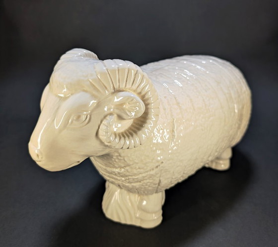 Large Cream Glazed Ceramic Ram – 30 cm – Sculpture (photo 4 of 10)