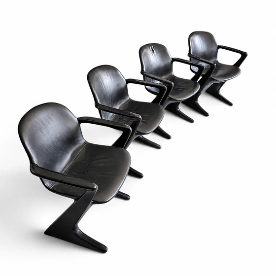 4 x Kangaroo Z-chair / Ernst Moeckl pour Horn Collection années 60 / Rembourrage cuir noir / Ernst Moeckl / (photo 5 of 19)