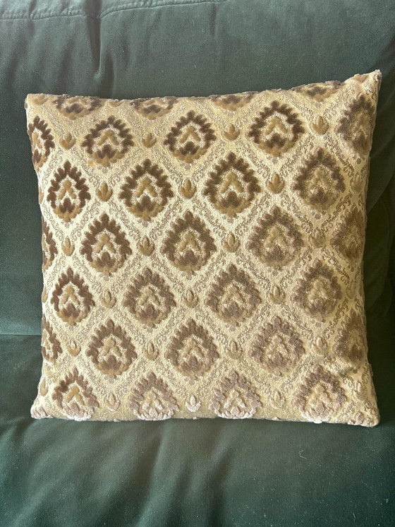 Image 1 of Cojín de sofá o cojín de desfile de mediados de siglo en terciopelo brocado y terciopelo tonos verde-marrón años 60