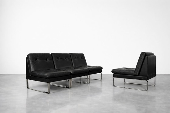 Image 1 of Vintage Mid-Century German Modern Minimalist Leather & Chrome Modular Sofa from Klöber, 1980s, Set of 4