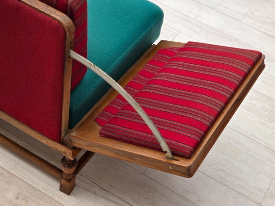 Image 1 of 1950s, Danish 2 seater drop arm sofa, original striped red furniture wool, oak wood.