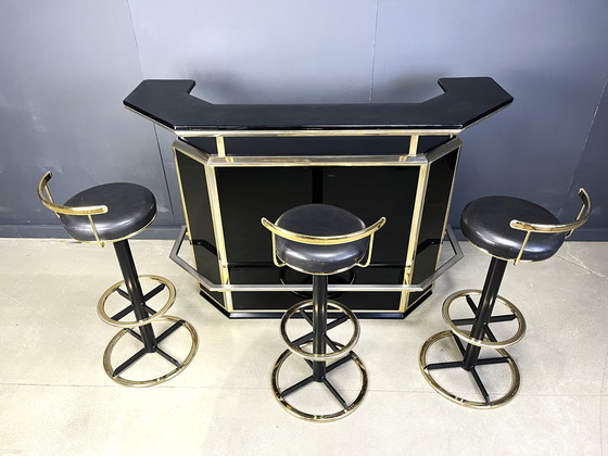 Image 1 of Hollywood Regency Bar with Three Stools, 1970s