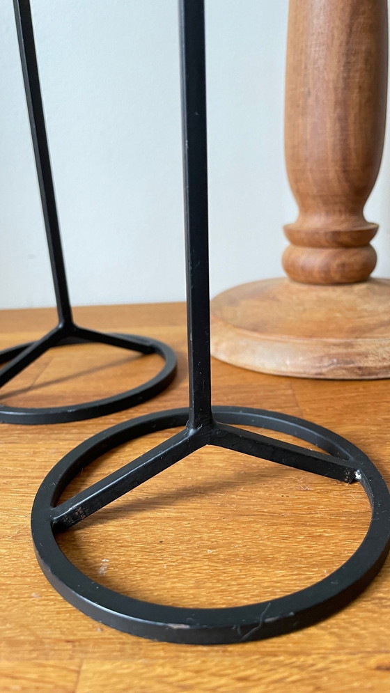 Image 1 of Trio van Teak en Vintage Stalen Kandelaars