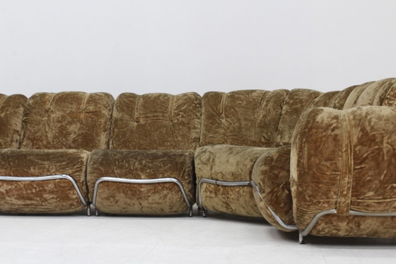 Vintage Italiaanse modulaire elementen bank  sofa 1970s, Hoekbanken, Fluweel, Metaal, Bruin (foto 8 van 12)
