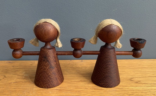 dreifacher Teakholz-Kerzenhalter/ Kerzenständer weibliche Figur 1960er Jahre