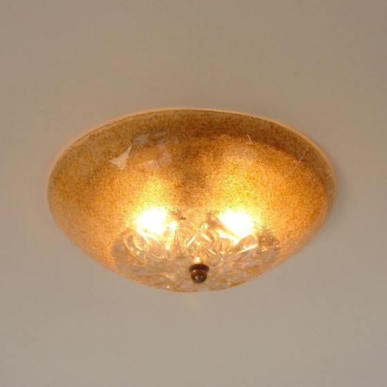 Image 1 of Plafonnier Mavros « Bella » | Design grec | Verre ambré à poudre d'or | Années 1970