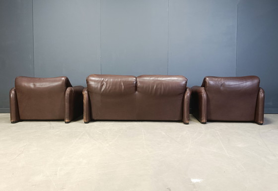 Image 1 of Vintage lederen Maralunga bankstel door Vico Magistretti voor Cassina, 1973