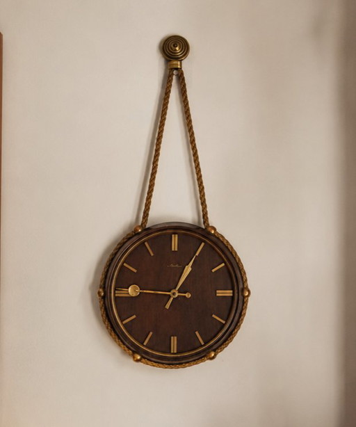 Vintage Mauthe Wanduhr – Holz, Messing & Seil – Mid-Century – klokken, Brass, Other (photo 2 of 6)