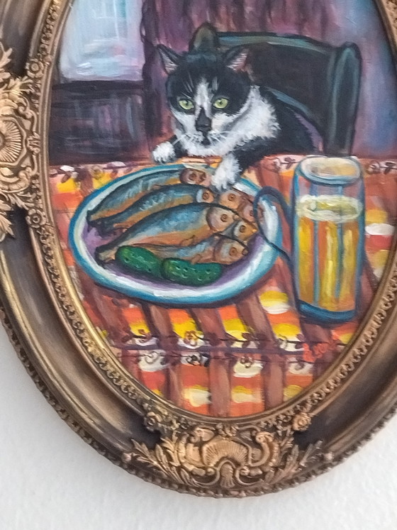 Image 1 of Original painting of the cat Pipette – Handcrafted cold-fired ceramic frame (33x22 cm)
