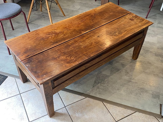 Image 1 of Rustic farmhouse coffee table in solid wood with 2 drawers, circa 1930
