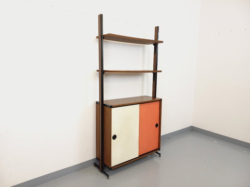 Vintage Italian modular shelving unit in melamine with wood and metal decor from the 60s