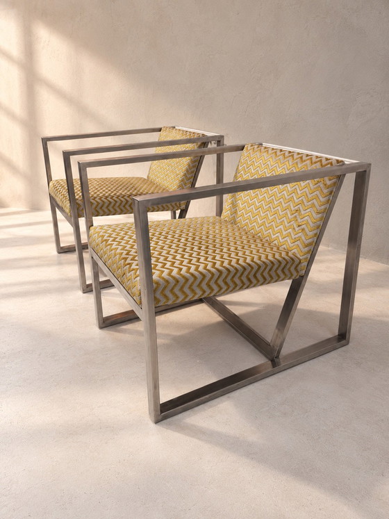 Coppia di Poltrone Lounge Design Italiano Anni '70 - Struttura Cromata, rvs, Tessile, Giallo (foto 2 di 5)