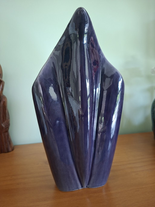 Large Sculptural Postmodern Ceramic Vase in Deep Violet Glaze – 35 cm