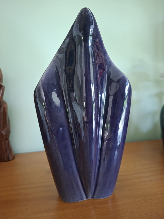 Image 1 of Large Sculptural Postmodern Ceramic Vase in Deep Violet Glaze – 35 cm
